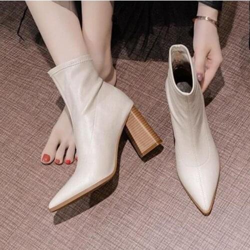 Women 2020 popular best-selling American large size white high-heeled Chelsea boots ladies thick with wild pointed bare boots