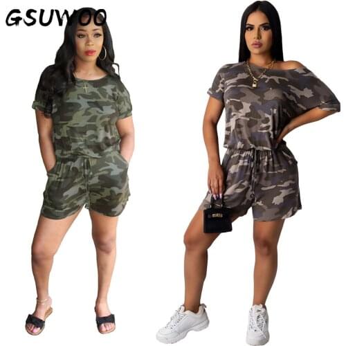 GSUWOO Summer Womens Camouflage Print Playsuit Fashion Loose Drawstring Short Jumpsuit Short Sleeve Rompers Playsuits