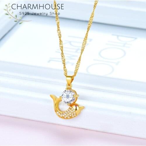 24K Real Gold Filled Necklaces For Women Zirconia Dolphin Pendant & Necklace Chain 18 inch Collier Femme Statement Jewelry Gift