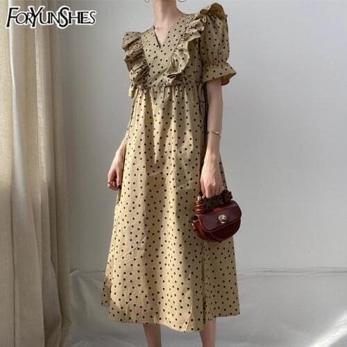 Puff Sleeve V-neck Casual Midi Korean Dress Women Vintage Polk Dot Print French Elegant Dresses 2021 Summer Fairy Grunge Robe
