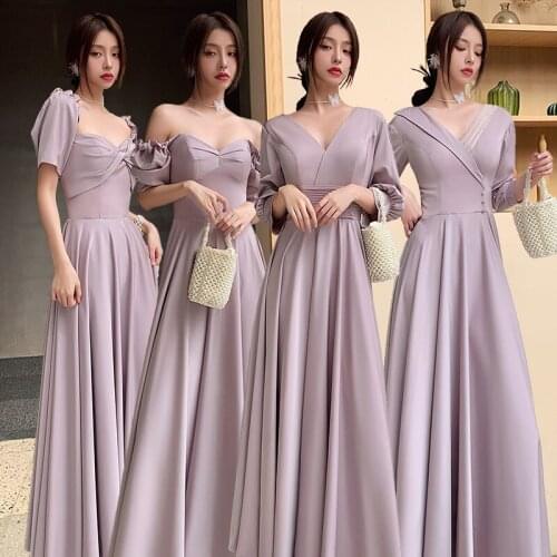 Bridesmaids Dresses Vintage Three Quarter V-Neck Luxury A-Line Floor-Length Jersey Pleat Purple Women Wedding Party Gown E230