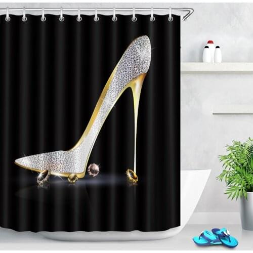 Gold Crystal High Heels Pattern Shower Curtains Fashion Diamonds on the Black Bathroom Waterproof Fabric for Girl Bathtub Decor