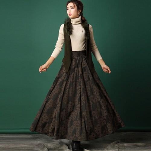 Custom Made 2019 Autumn And Winter Skirt Women Vintage Pleated Wool Skirt Floral Print Slim Elegant Long Skirt