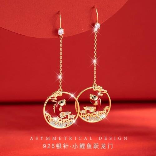 2021 Wholesale Chinese Style New Female Long Earrings Koi Earrings Carp Leaping Dragon Door Retro Lucky Fish Earrings