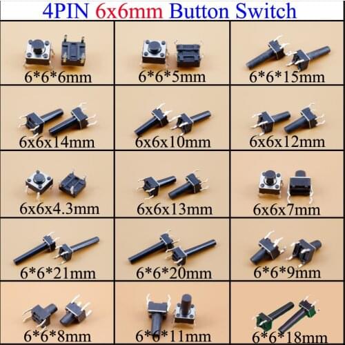 4PIN DIP 6x6 Tactile Tact Push Button Switch Light Micro Touch Switch 6x6 Series 6x6x4.3/6/5/6/7/8/9/10/11/12/14/15/16/18/20mm