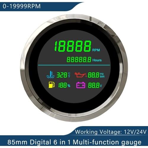 85mm Car Truck Motorbike Gauge LCD Digital Rev Counter 0-19999RPM Hours Fuel Level Volt Water Temp Oil Pressure Tachomete 12/24V