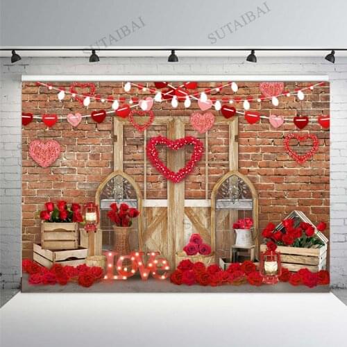 Happy Valentines Mothers Day Photo Background Brick Wall Wooden Door Red Rose Love Backdrop Birthday Party Portrait Photo Studio