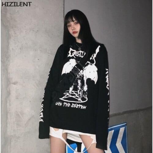 Harajuku demon Print Summer Fashion Female Long sleeve Casual Vintage women black tees top Punk Gothic T-shirts Loose Streetwear