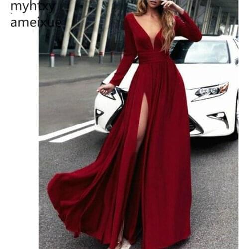 Hot Style Red Evening Dress 2021 Long Sleeve Plus Size V Neck A Line High Quality Chiffon Floor Length Robe De Soire Event Dress