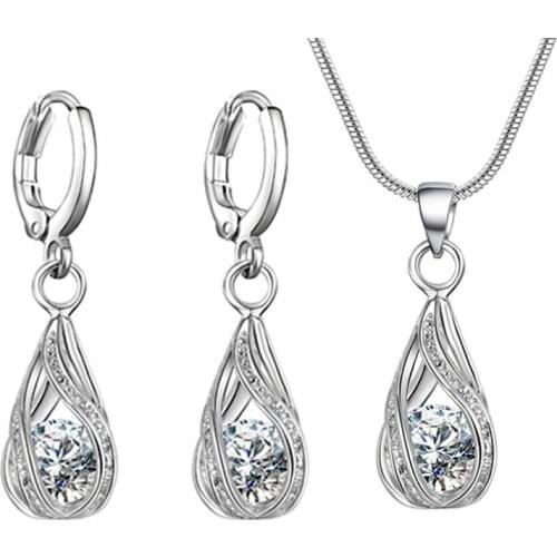 Dainty Female Rainbow Crystal Jewelry Set Charm Silver Color Dangle Earrings For Women Luxury Geometry Wedding Chain Necklace