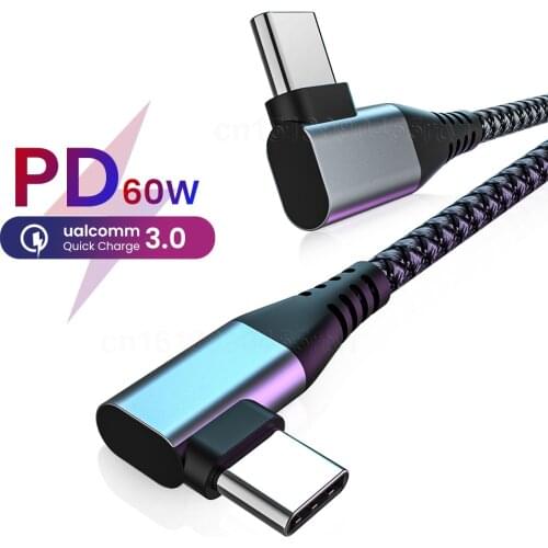 PD 60W USB Type C To Type C Elbow Cable 3A Double 90 Degree Fast Charging Mobile Phone Cord For Macbook Pro Samsung Xiaomi