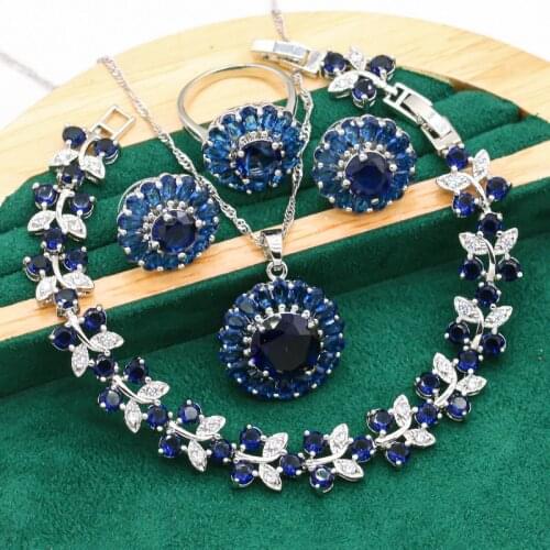 Classic Silver Color Jewelry Sets For Women Royal blue Crystal Earrings Necklace Pendant Ring Bracelet Christmas Gift 4PCS