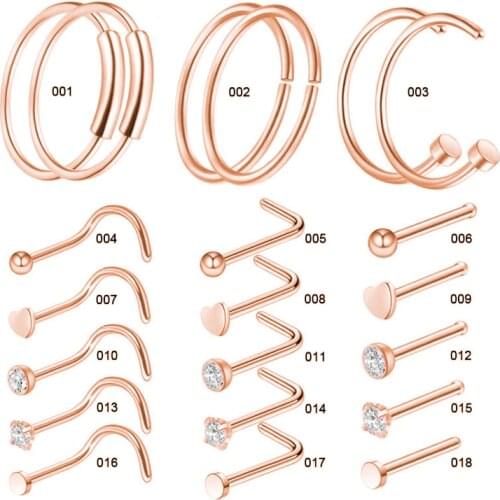 HONGTU New Rose Gold 20G Nose Rings for Women CZ Gem Nose Studs Nose Piercing Jewelry Nose Ring Hoop Screw 316L Stainless Steel