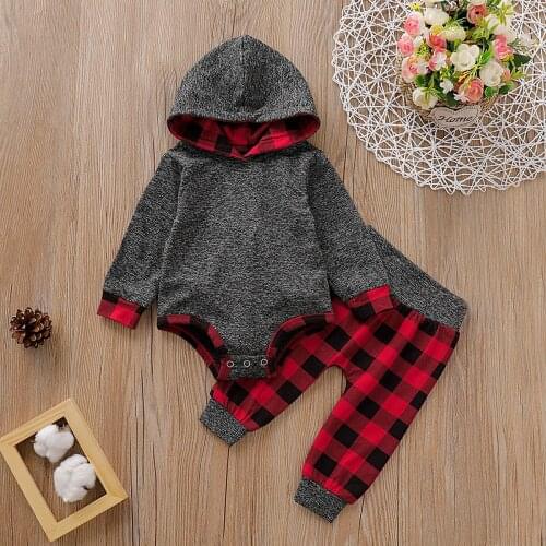 Pudcoco Newborn Baby Boy Girl Clothes Long Sleeve Cotton Hooded Romper Tops Plaids Long Pants 2Pcs Outifts Clothes Autumn Set