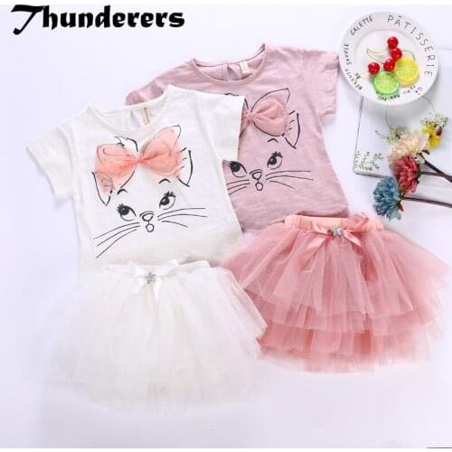 Thunderers Summer Girl Clothing Set Pinted Cat Shirt With Mesh Skirt Toddler Baby Casual Clothes Children 2pcs Outfits 3Y-7Y