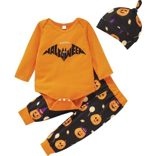 Lioraitiin 0-24M Newborn Baby Boy Girl 3Pcs Halloween Clothing Set Bat Long Sleeve Romper Pumpkin Trousers with Hat