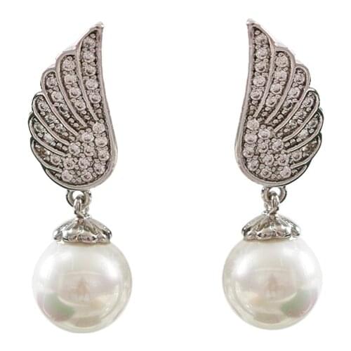 LANFLORA new angel wings zircon women pearl stud earrings copper alloy stud earrings Classic bulk wholesale earrings