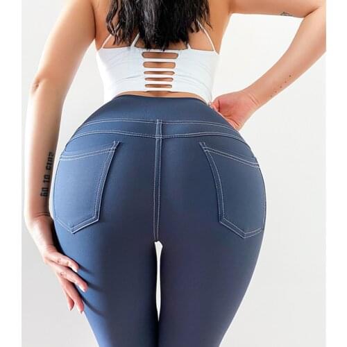 New Sports Pants High Waist Lift Hip Yoga Leggings Women Imitation Denim Workout Fitness Trousers Gym Breathable Running Tights