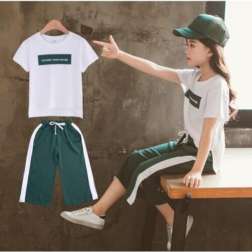 Summer Girl Set 2PCS Girl Cotton Short Sleeve Tops + Wide Leg Pants Kids Set Holiday Children Beach Suit Fashion Kids Clothes