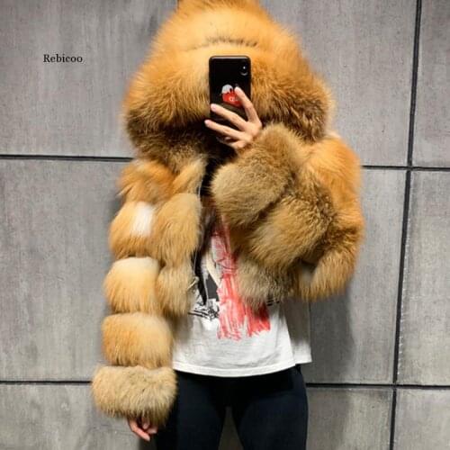 Fashion Women Environmental Red Fox Fur Coat With Hood Thick Warm Full Pelt Fox Fur Jacket Short Winter Plus Size Woman Fur Coat