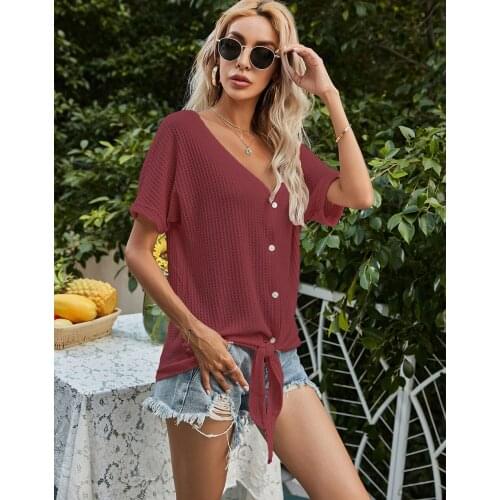 Fashion Women T-shirt V Neck Solid Color Short Sleeves Loose Casual Button Cardigan Tops T Shirt 2021 Summer Women Clothes