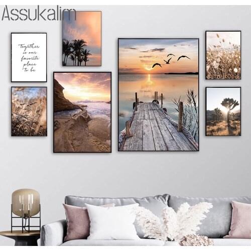 Sea Sunset Canvas Poster Hay Reed Wall Art Prints Ocean Landscape Painting Nordic Wall Pictures For Living Room Decoration