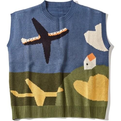2020 Harajuku Oversize Sweater Vest Men Plane Print Knitted Sweater Hip Hop Streetwear Retro 2020 Autumn Winter Sweater Pullover