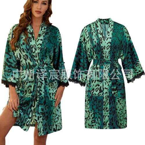 2021 New Spring/Summer European and American Style Pajamas Lace Nightgown Long Sleeve Stretch Satin Lace-up Home Robe