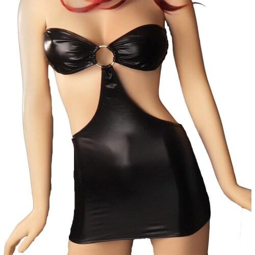 Sexy Black O Ring Boob Tube Bodycon Micro Mini Dress Strapless Wet Look Strapless Backless Night Club Party Dress