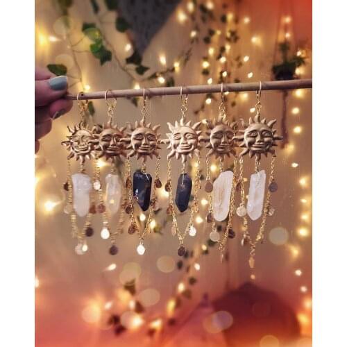 Sun Goddess Quartz Charm Brass Earrings Stars Moon Boho Hippie Bohemian Celestial Witchy Metaphysical Jewelry