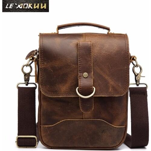 Quality Original Leather Male One Shoulder messenger bag cowhide fashion Cross-body Bag 8" Pad Tote Mochila Satchel bag 143-db