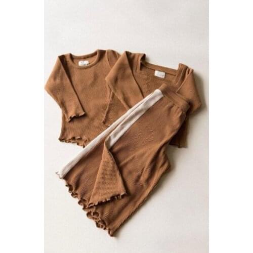 2021 spring and autumn knitted texture girls' neck top + wide leg pants wear two-piece set toddler girl outfits