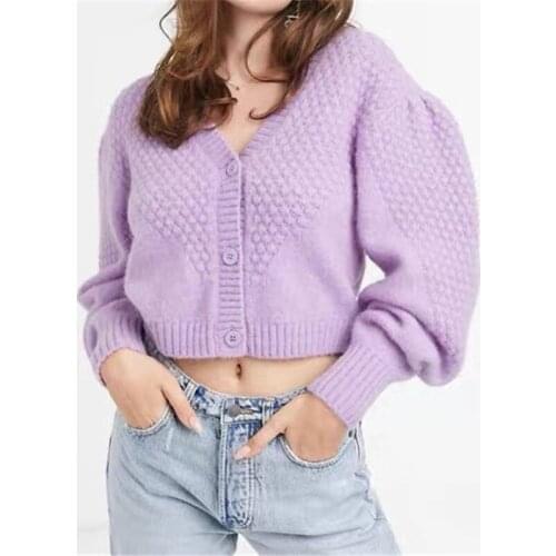 Cropped cardigan knitted v neck sweater women hollow out mohair sweater wool button up cardigan female purple cardigan korean