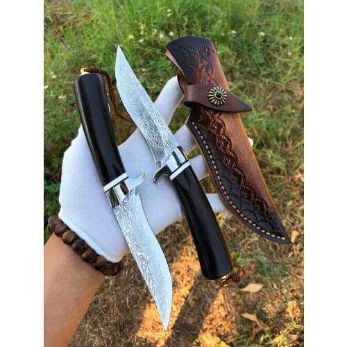 High Quality Damascus steel outdoor tactics straight knife black hilt straight edge hunting knife north American knife EDC Tools