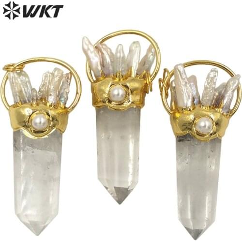 WT-P1625 Luxury Elegant Natural Stone Pendant For Necklace Clear Crystal Quartz With Fresh Water Pearl Pendant