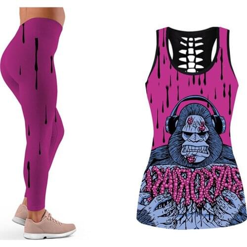 Funny Sportswear Two Piece Sets Women Hollow Gorilla Printed Back Vest And Animal Printed Yoga Pants Matching Set Athleisure