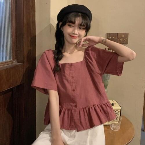 Women Blouse Summer Top Square Collar Short Sleeve Womens Shirt Blusas Mujer De Moda