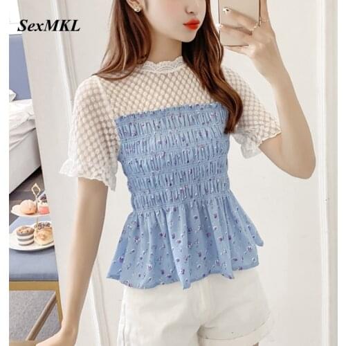 Summer Lace Patchwork Corset Top Blouse Women 2021 Casual Floral Print Crop Bustier Top Sexy Slim Korean Ruffles Chiffon Shirts
