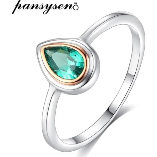 PANSYSEN White Gold Color Pear Shape Emerald Gemstone Ring Pure 925 Sterling Silver Anniversary Rings for Women Fine Jewelry