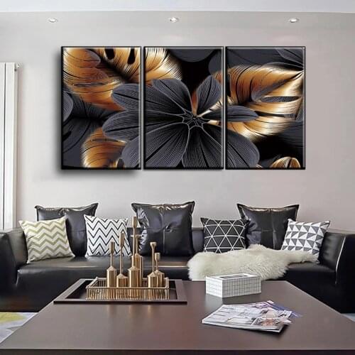 Gold And Black Flower Leaves HD Printable Painting On Canvas Modern Plant Wall Art Prints For Nordic Home Decoration Pictures