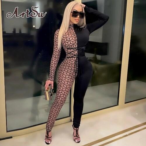 Artsu Patchwork Lace UP Jumpsuit Women Autumn Turtleneck Plaid High Waist Skinny Party Clubwear Female Overalls AR30304