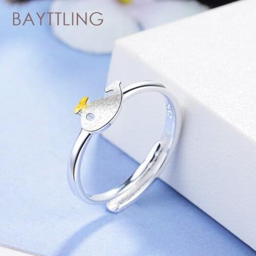 BAYTTLING Hot Sale 925 Sterling Silver Cute Matte Whale Open Ring For Woman Fashion Wedding Jewelry Couple Gift