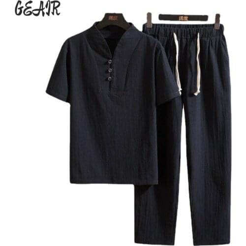 Cheap Comfortable Mens Summer Linen Short-sleeved T-shirt Set Mens Retro Cotton Hemp Big Size T-shirt and Nine-point Pants Set