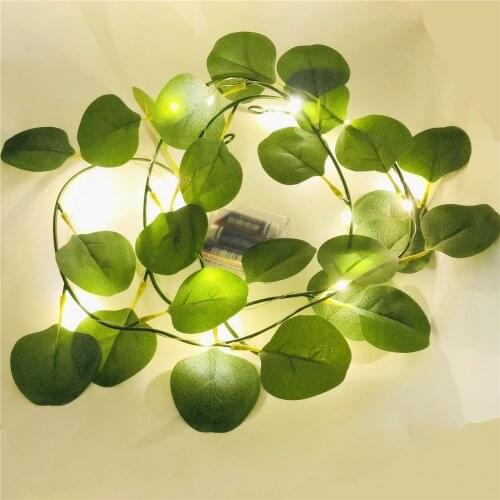 2M 20 Leds Copper Wire Artificial Eucalyptus Leaf Rattan Garland String Lights Vine Fairy Decoration Battery Powered for Party