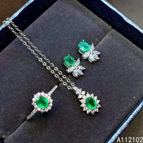 KJJEAXCMY fine jewelry 925 sterling silver inlaid natural emerald earrings ring pendant lovely girl suit support test