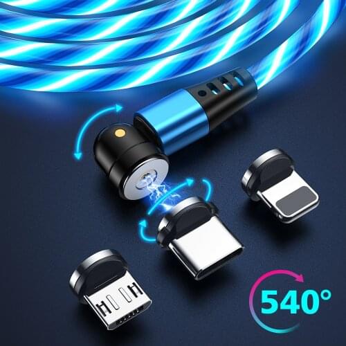 AUFU Flow Luminous Lighting USB Magnetic Cable for Samsung LED Micro Type C charger for iPhone Huawei Xiaomi Mobile Phone Cable