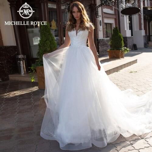 Michelle Royce A-Ling Wedding Dresses 2020 V-Neckline Appliques sleeveless Button Chapel Train Bridal Gowns Vestido De Noiva