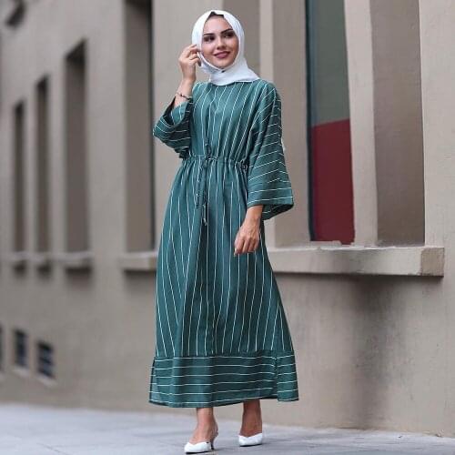 Muslim Fashion Abaya Dress Women Striped Maxi Kaftan Islamic Clothing Dubai Turkey Elegant Long Sleeve Robe