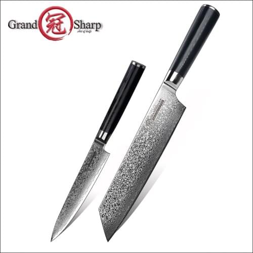 Grandsharp 2 Pcs Kitchen Knife Set Chef Utility Damascus Kitchen Knives 67 Layer VG10 Japanese Damascus Steel Chefs Cooking