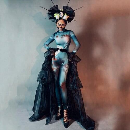 Nightclub Gogo Dance Costume Bodysuit Women Black Gauze Tail Skirt Skull Headdress Witch Halloween Costume Rave Outfits VDB3196